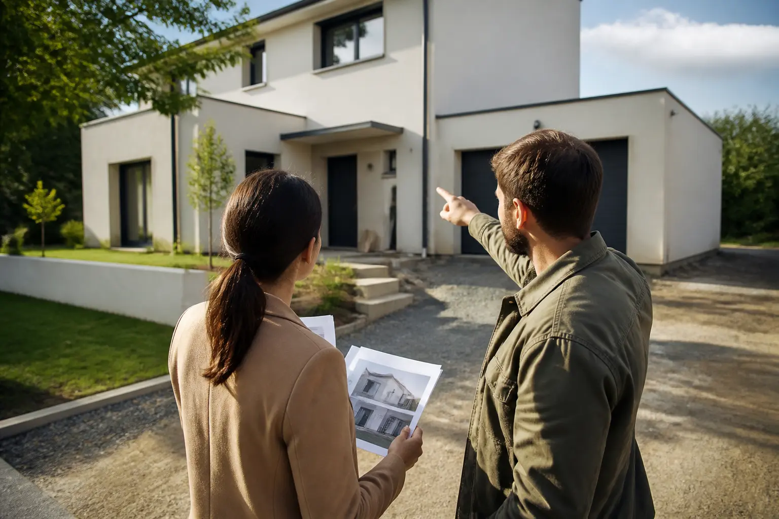 Acheter une maison construite par un particulier : acheteur et expert inspectent une maison récente avec documents et jardin