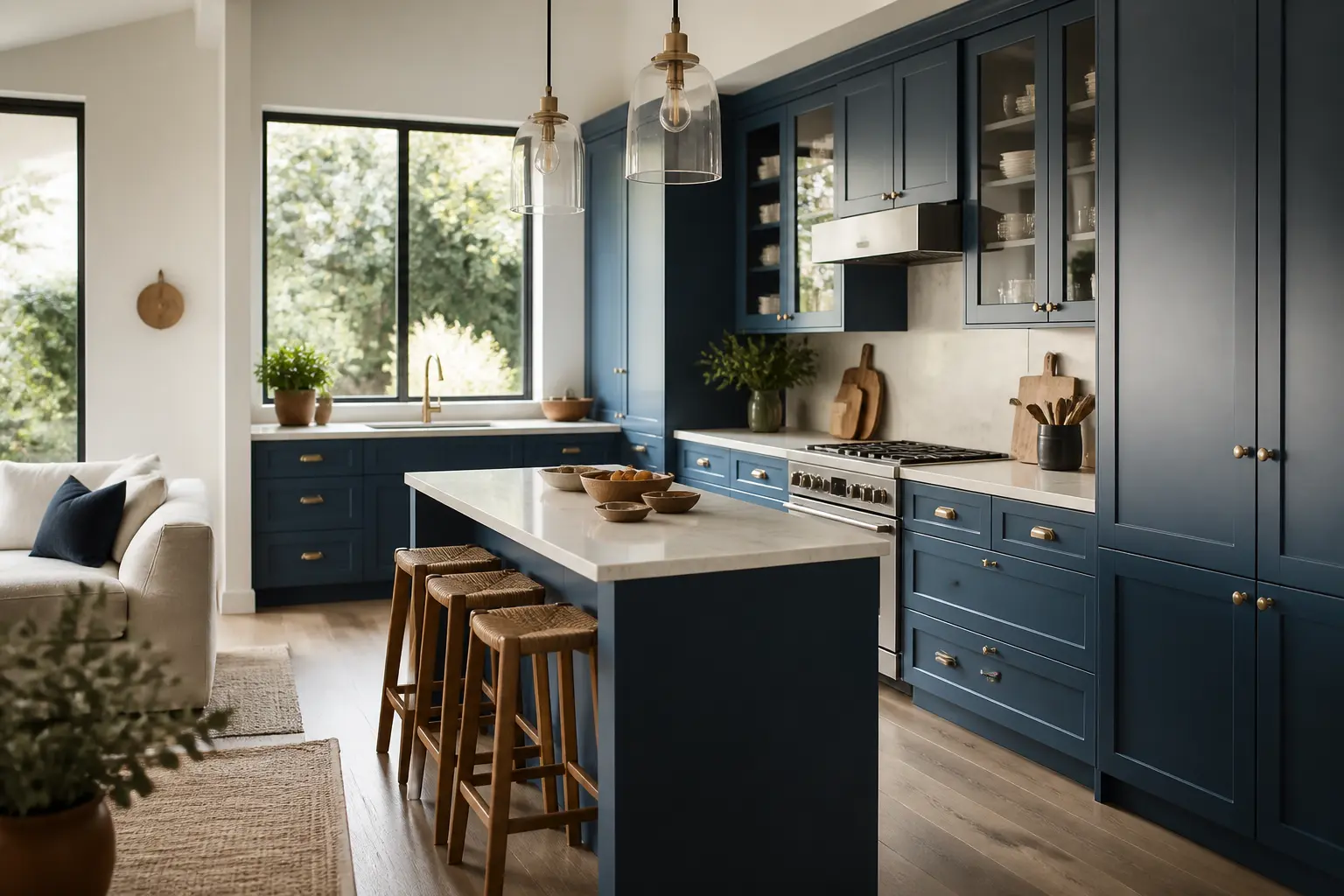 Cuisine moderne avec bleu dans la cuisine, meubles bleu profond et clair, bois naturel, lumière du jour et espace ouvert.