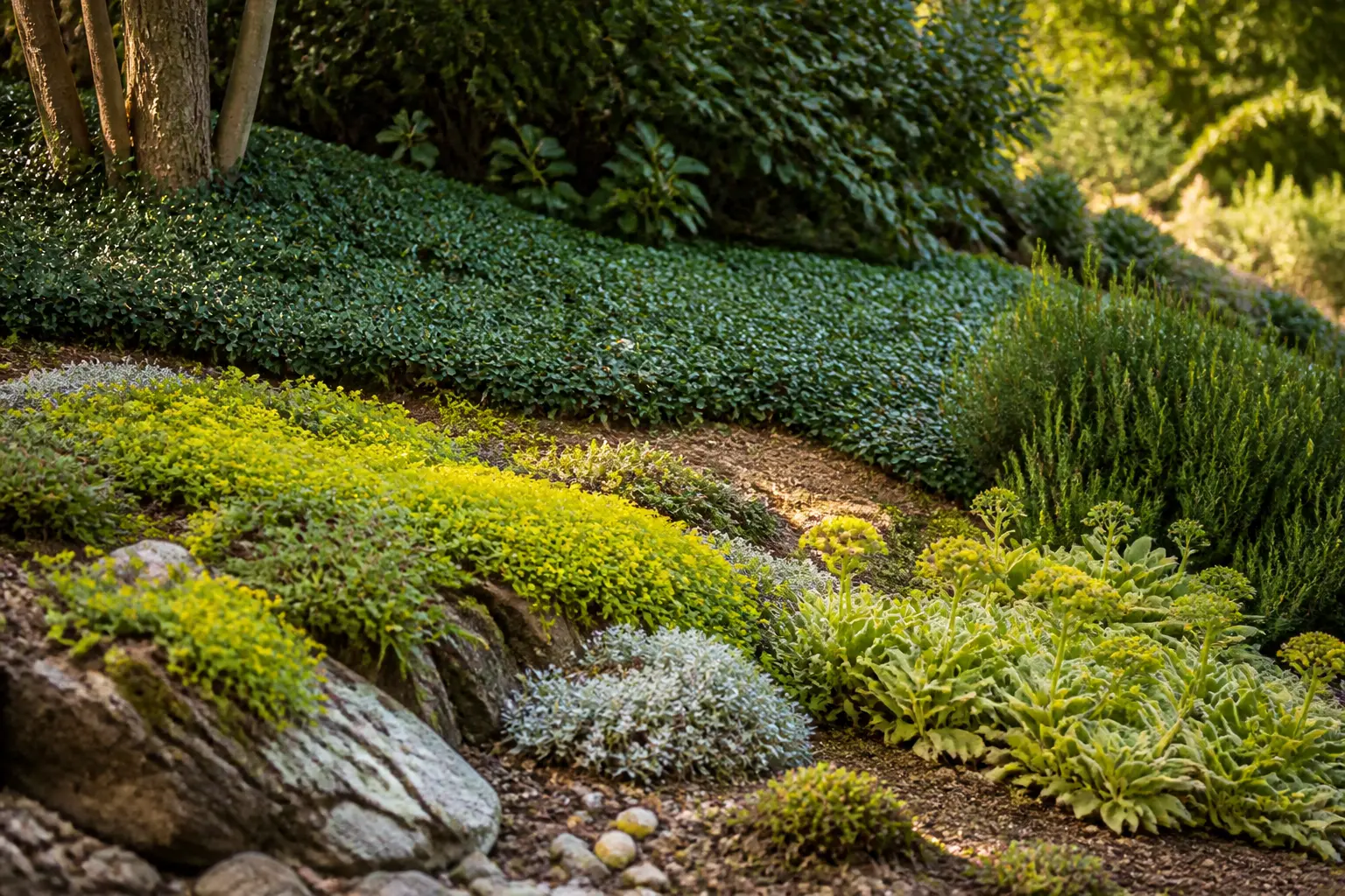 Couvre-sol rampant persistant croissance rapide stabilisant un talus de jardin, zones ensoleillées et ombragées, sol retenu.