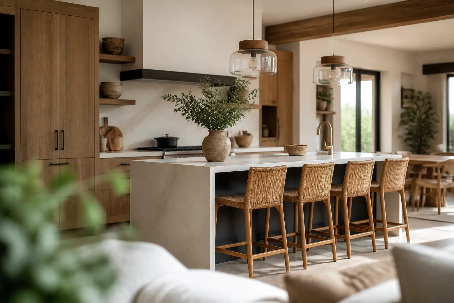 Cuisine moderne avec îlot et bar, hauteur bar adaptée, tabourets élégants, circulation fluide et lumière naturelle