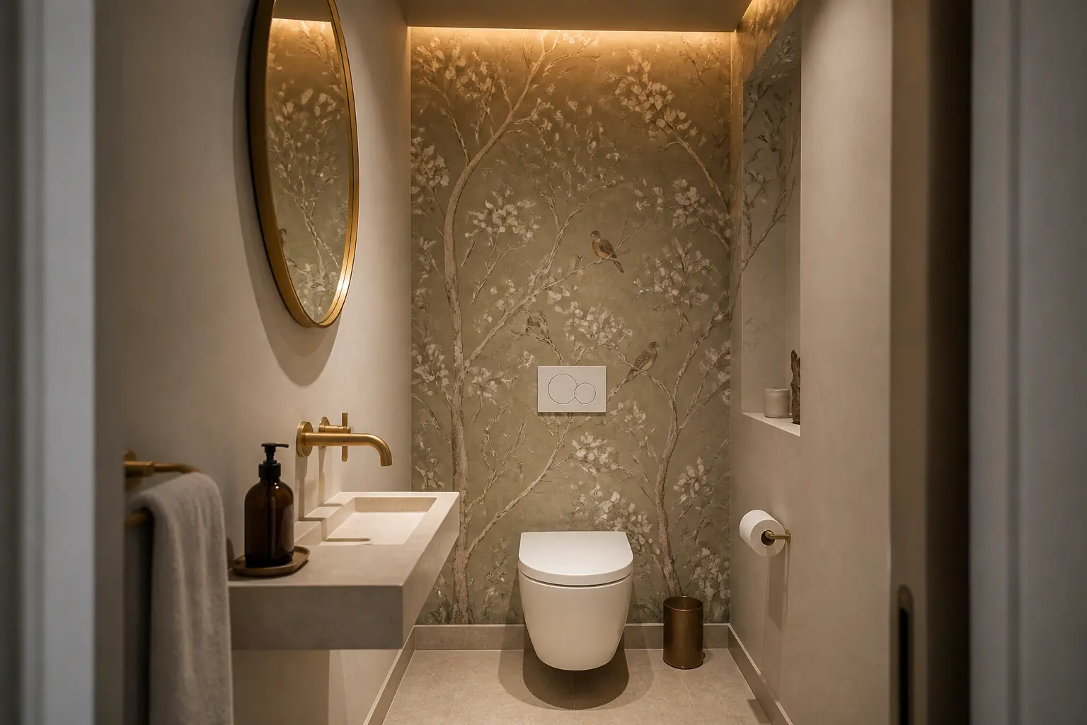 Papier peint dans les wc d’un petit WC moderne, mur d’accent élégant, lavabo compact et toilettes, tons chauds naturels