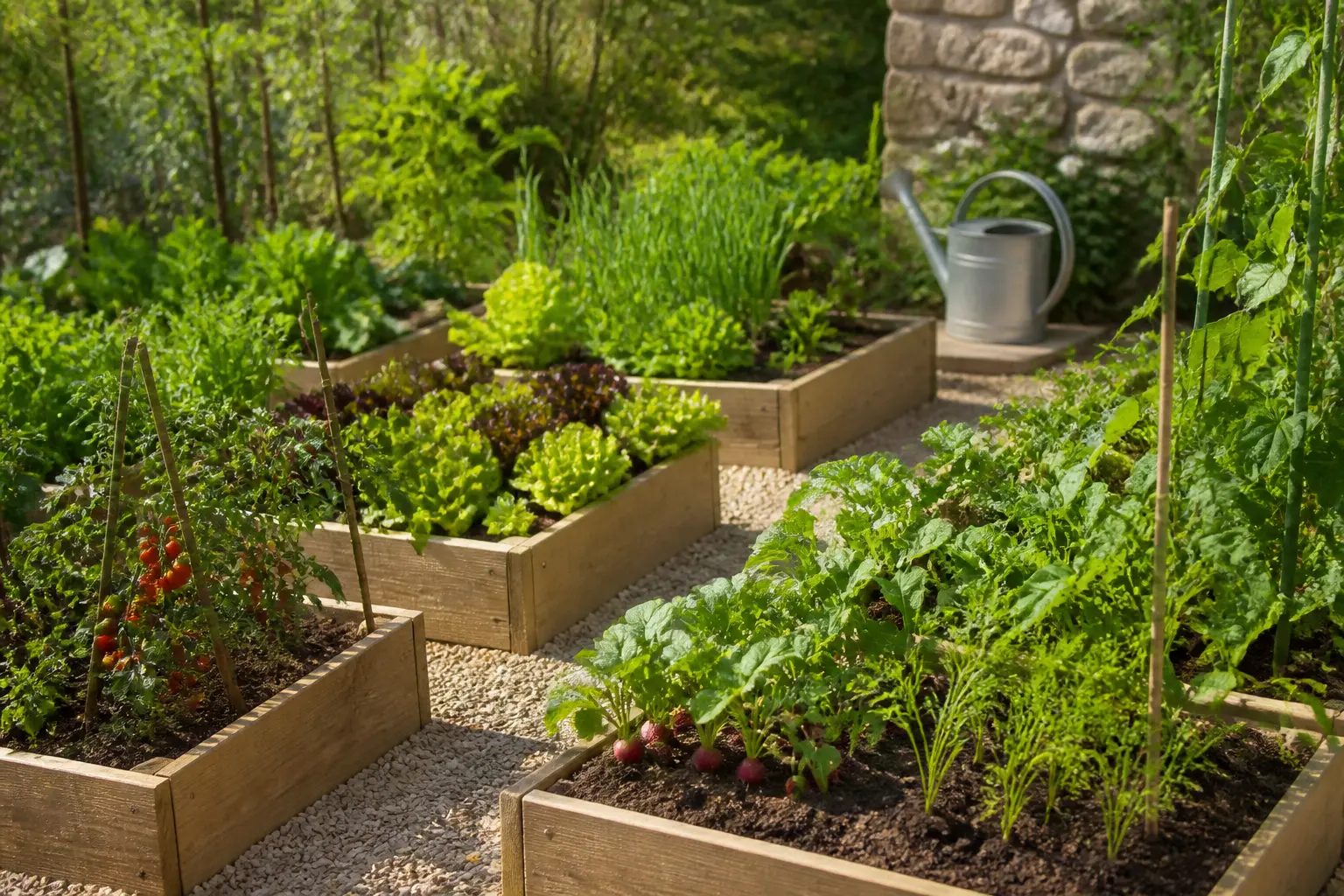Plan potager debutant : petit potager organisé avec carrés surélevés, légumes faciles, allées nettes et lumière naturelle