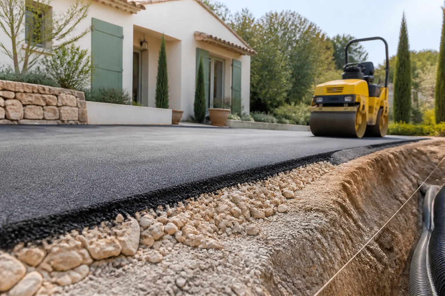 Prix m2 enrobé particulier : allée résidentielle en enrobé noir en cours de pose, compacteur et maison moderne en fond
