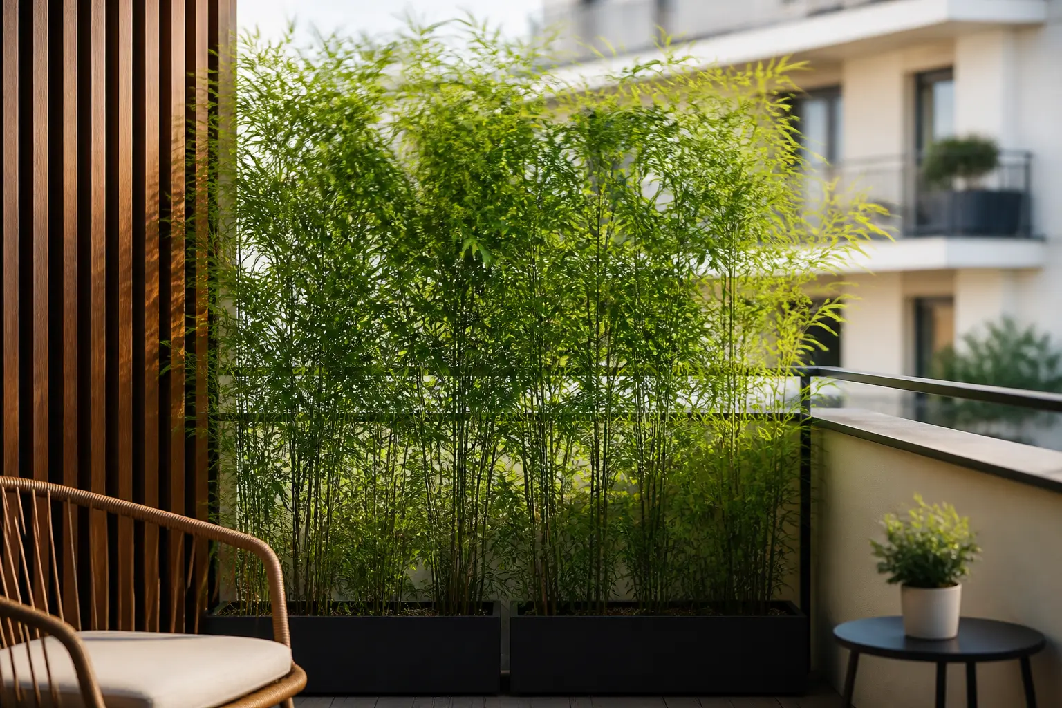 Brise vue plante sur une terrasse urbaine, haie dense et bambous filtrant la vue d’un balcon voisin.