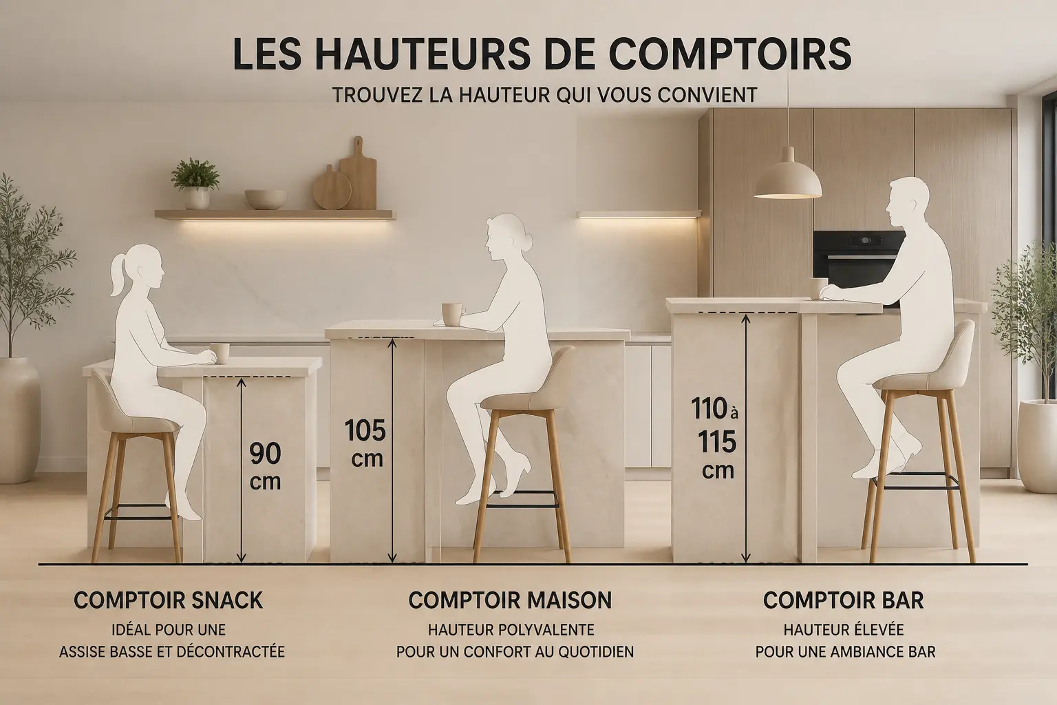 Comparatif de hauteur bar : comptoir snack 90 cm, bar maison 105 cm et bar haut 110–115 cm avec tabourets.