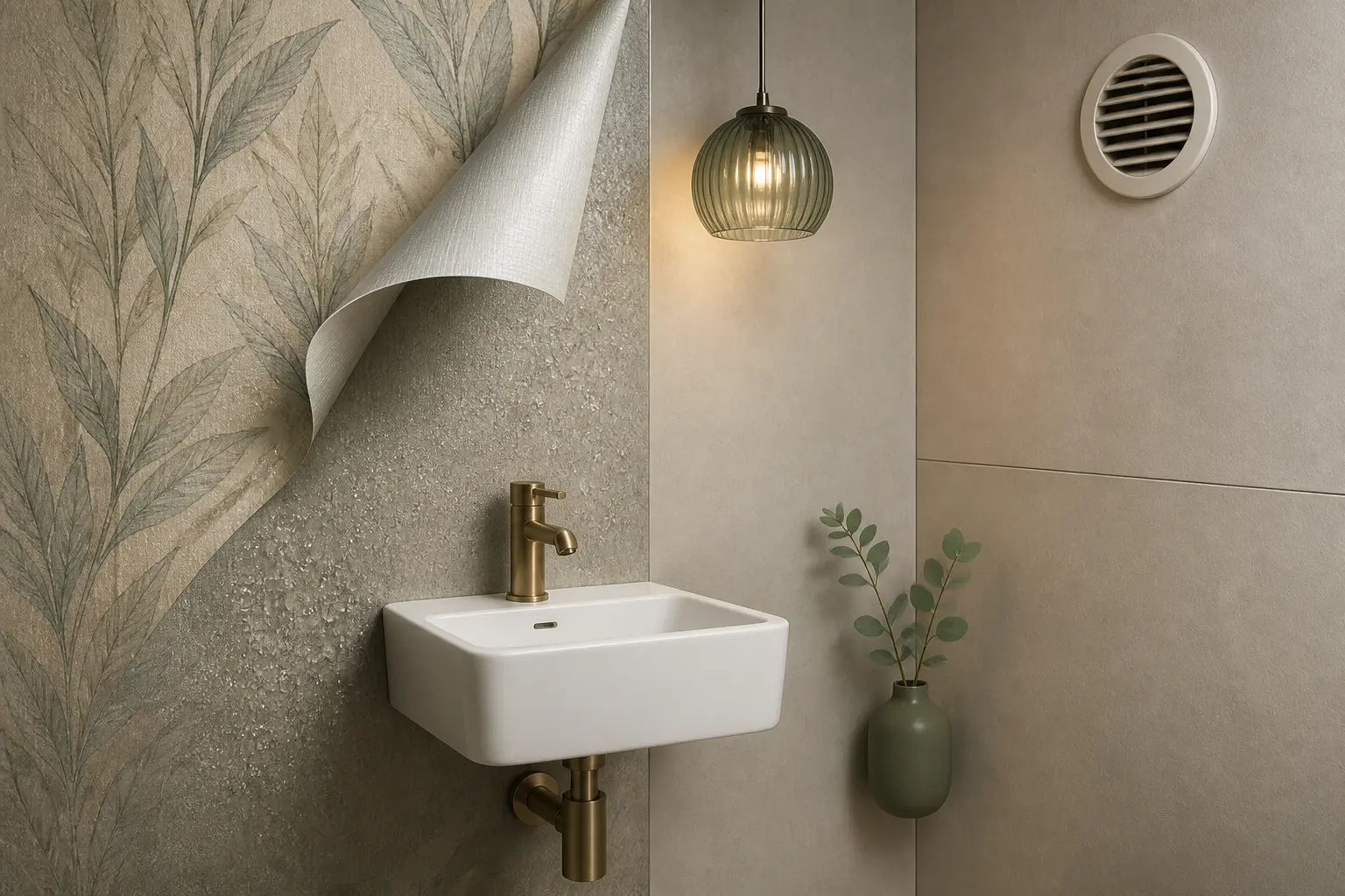 Papier peint dans les wc : détail d’un revêtement vinyle résistant à l’humidité près d’un petit lavabo.