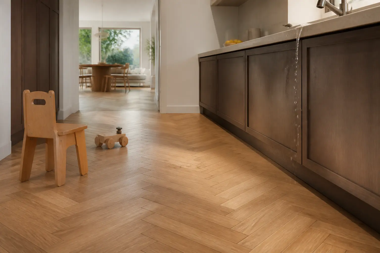 Parquet dans une cuisine moderne, sol en bois intact près de l’évier avec quelques gouttes d’eau.