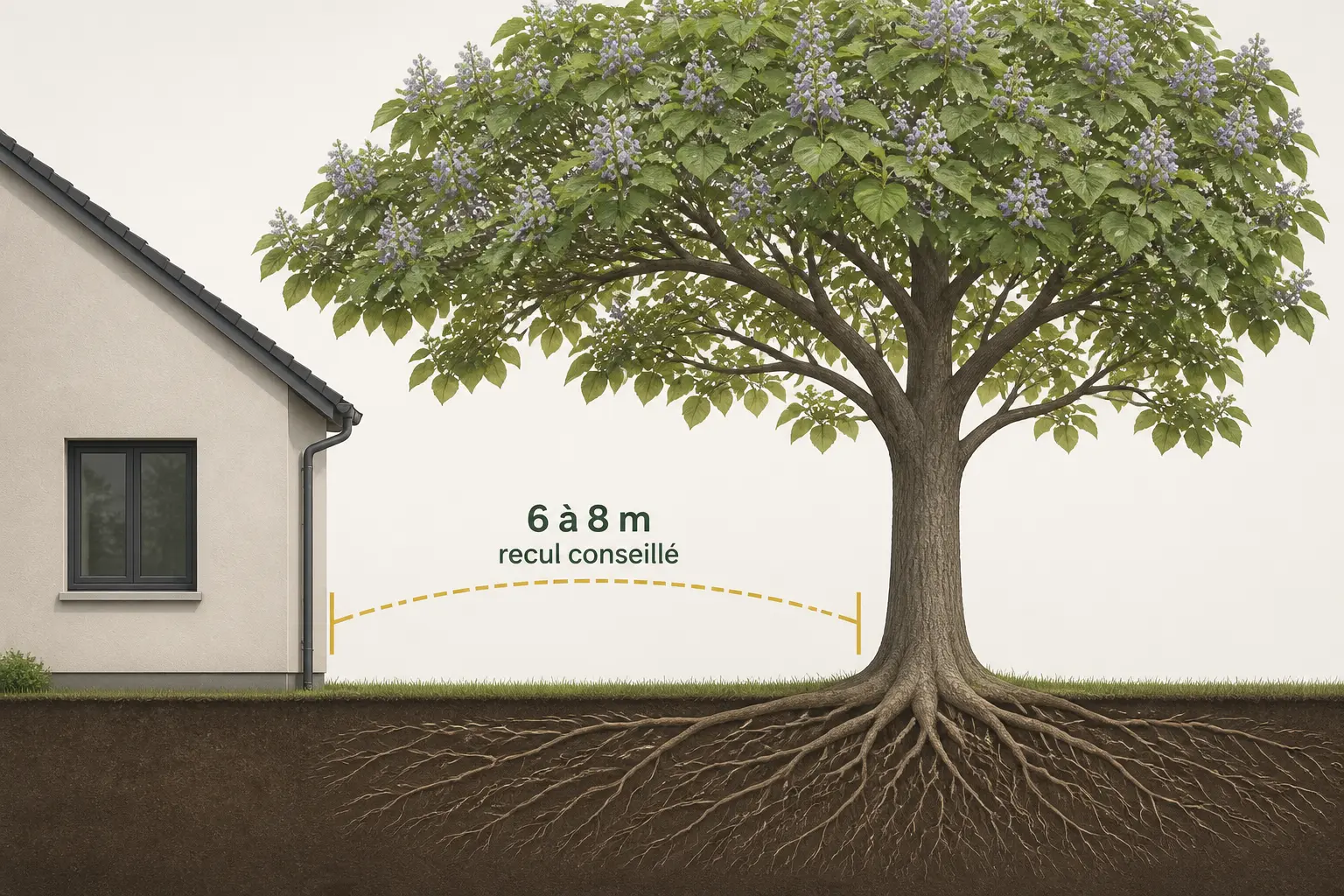 Paulownia distance maison : schéma montrant un arbre mature, la maison et le recul de sécurité