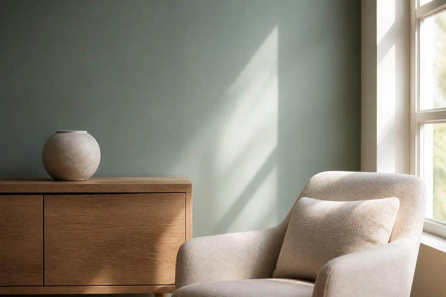 Salon lumineux avec peinture vert de gris, fenêtre, bois clair et fauteuil en lin écru.