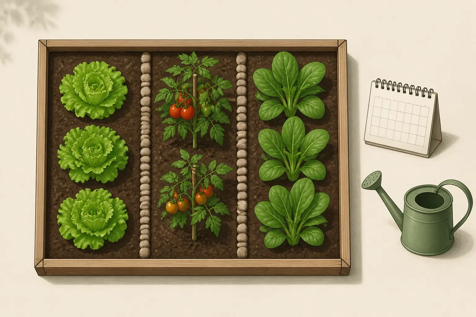 Plan potager debutant vu du dessus avec 3 zones de culture, calendrier et arrosoir, style épuré