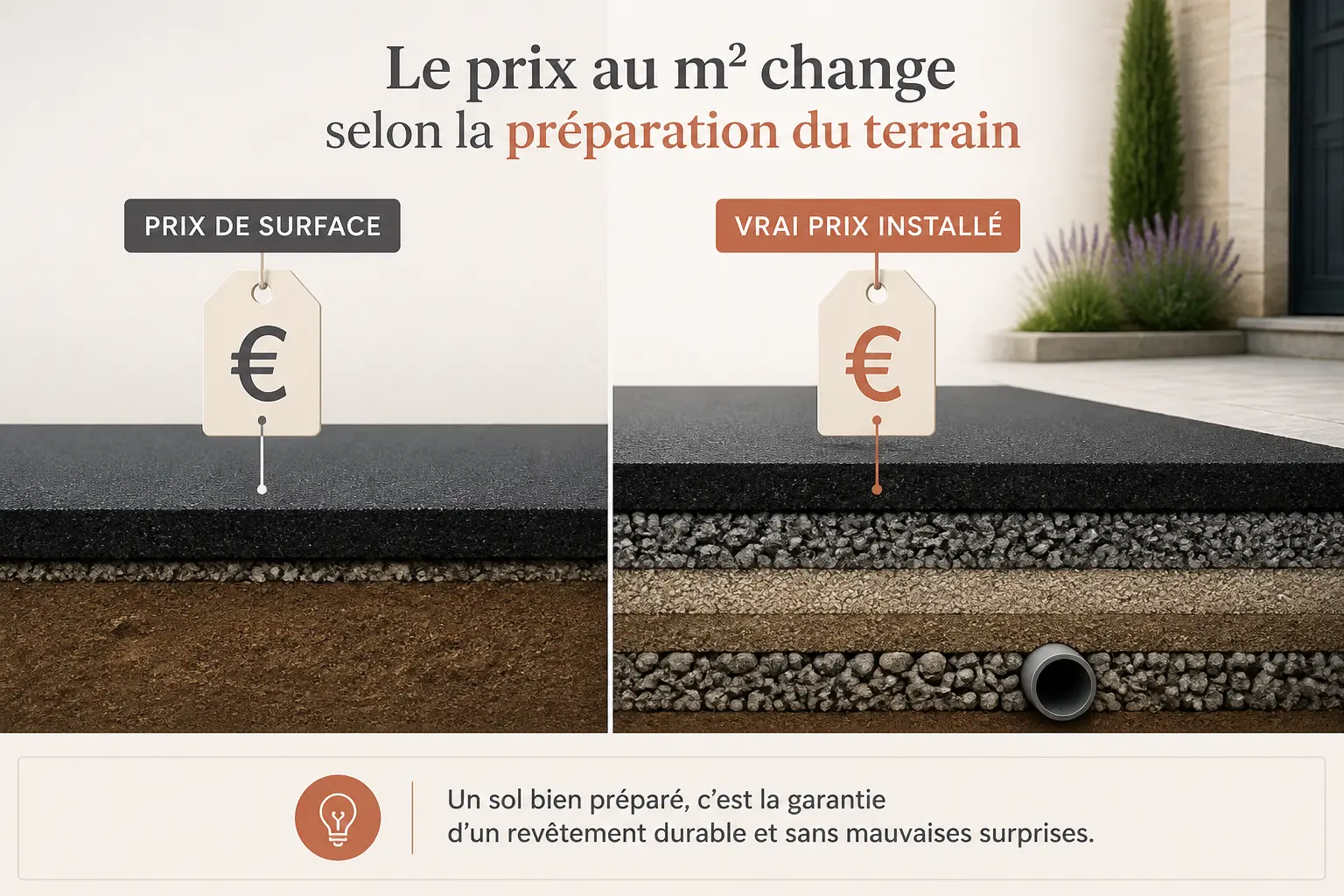 Prix m2 enrobé particulier : coupe d’une allée avec surface asphaltée, fondation et étiquette euro.