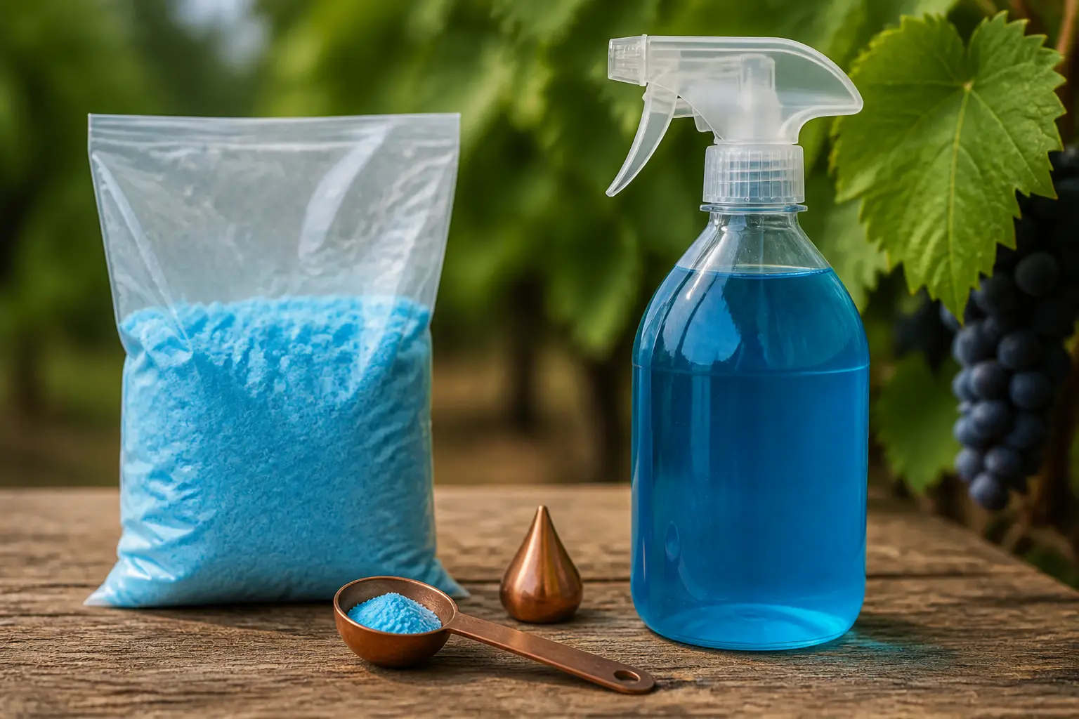 Tableau dosage bouillie bordelaise : deux emballages différents, poudre et spray, avec cuillère doseuse.