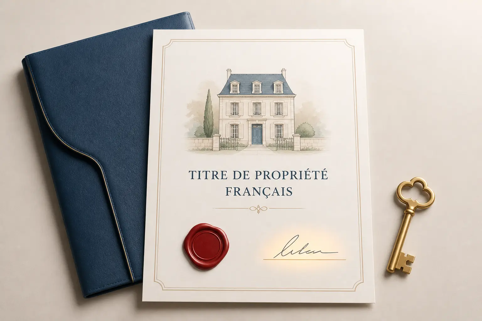 Document officiel de titre de propriété maison avec clé, sceau rouge et signature mise en évidence