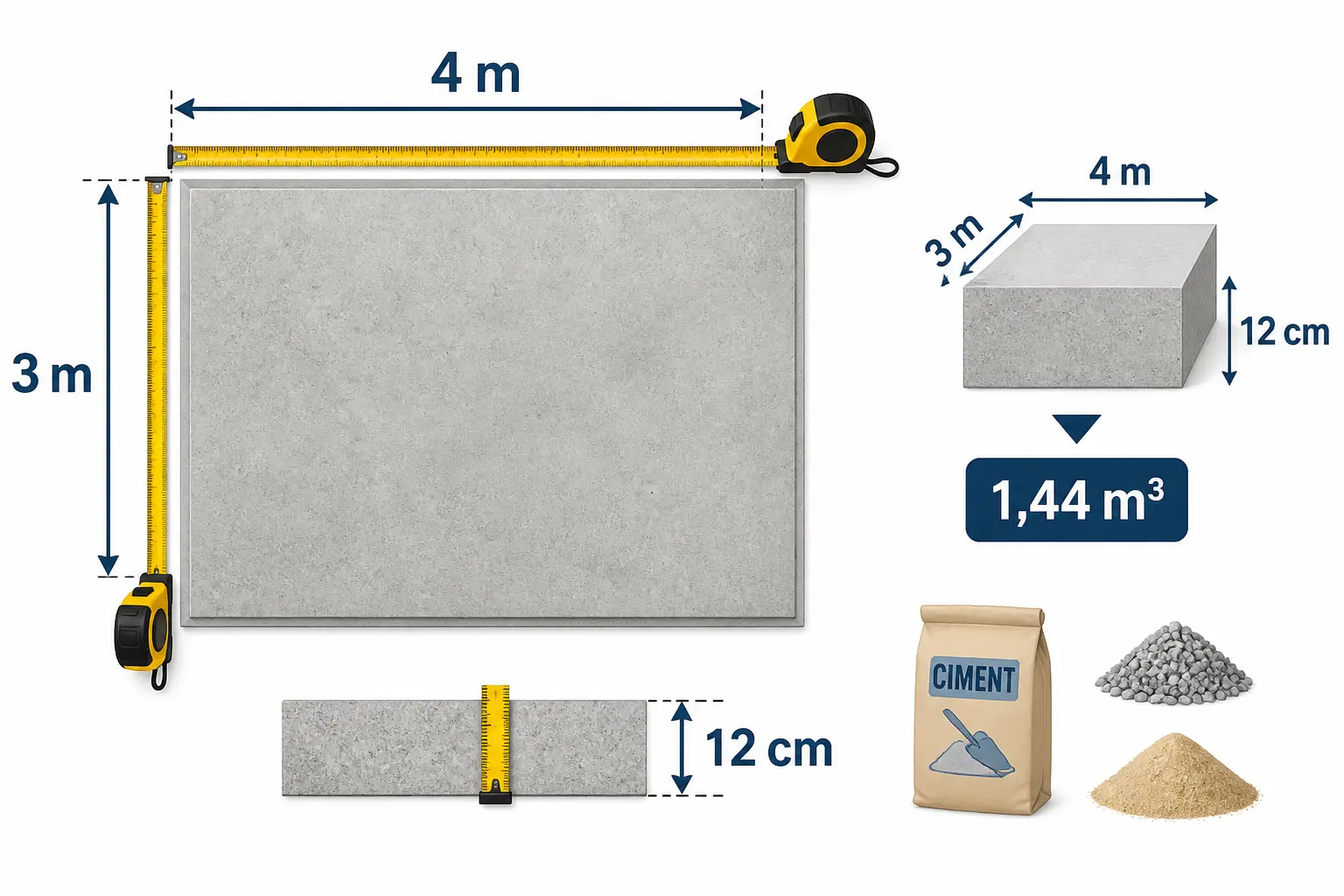 Calcul du volume d’une dalle avec dosage béton 350 kg avec mélange sable gravier : 4 m, 3 m, 12 cm, 1,44 m³