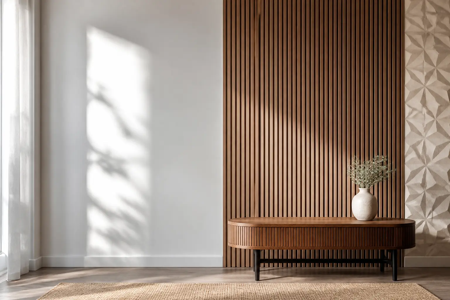 Habiller un mur avec des lames bois et des panneaux 3D pour créer relief et contraste