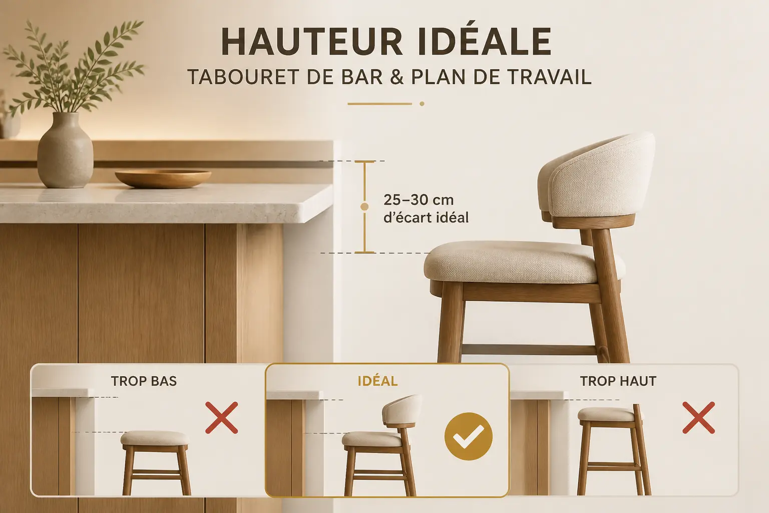 Hauteur bar idéale : écart de 25 à 30 cm entre le comptoir et l’assise du tabouret