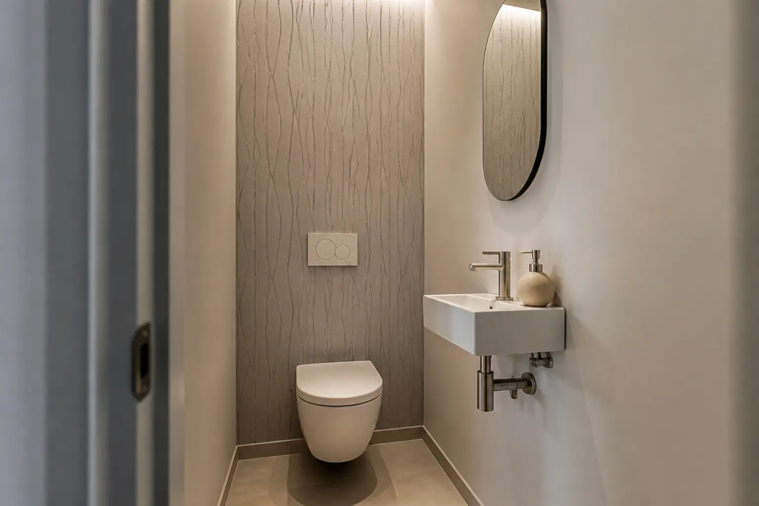 Petit WC sans fenêtre avec papier peint dans les wc sur le mur du fond, pour agrandir et styliser l’espace.