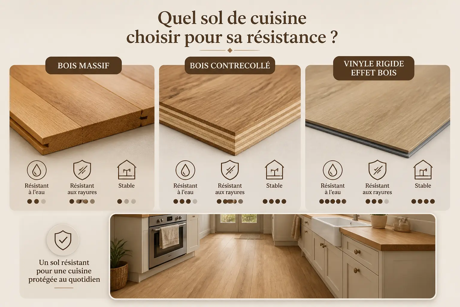 Parquet dans une cuisine : comparaison de trois sols bois résistants avec plancher protégé près de l’évier