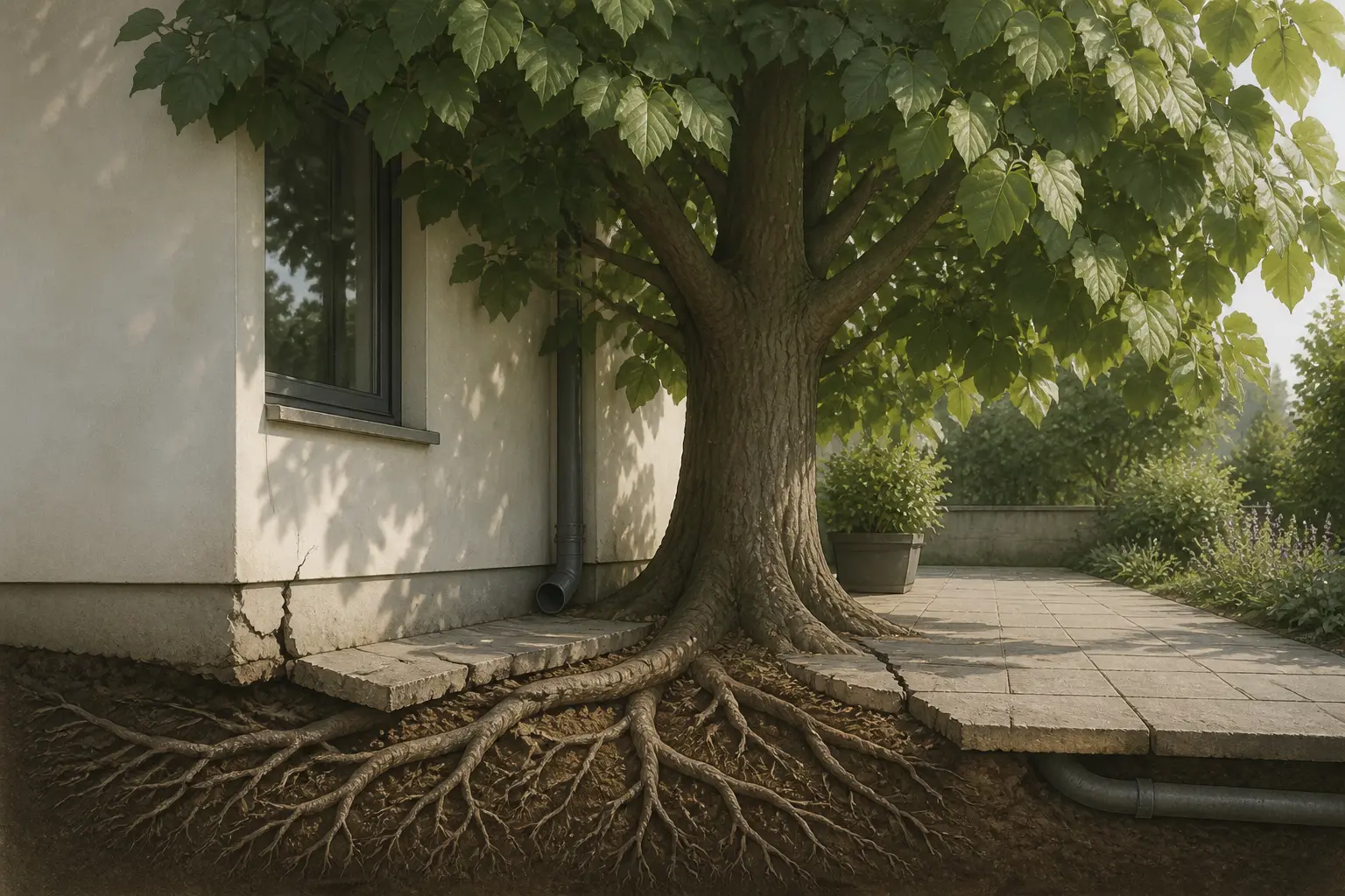 Paulownia distance maison : racines, ombre et fissure près d’une façade et d’un drain