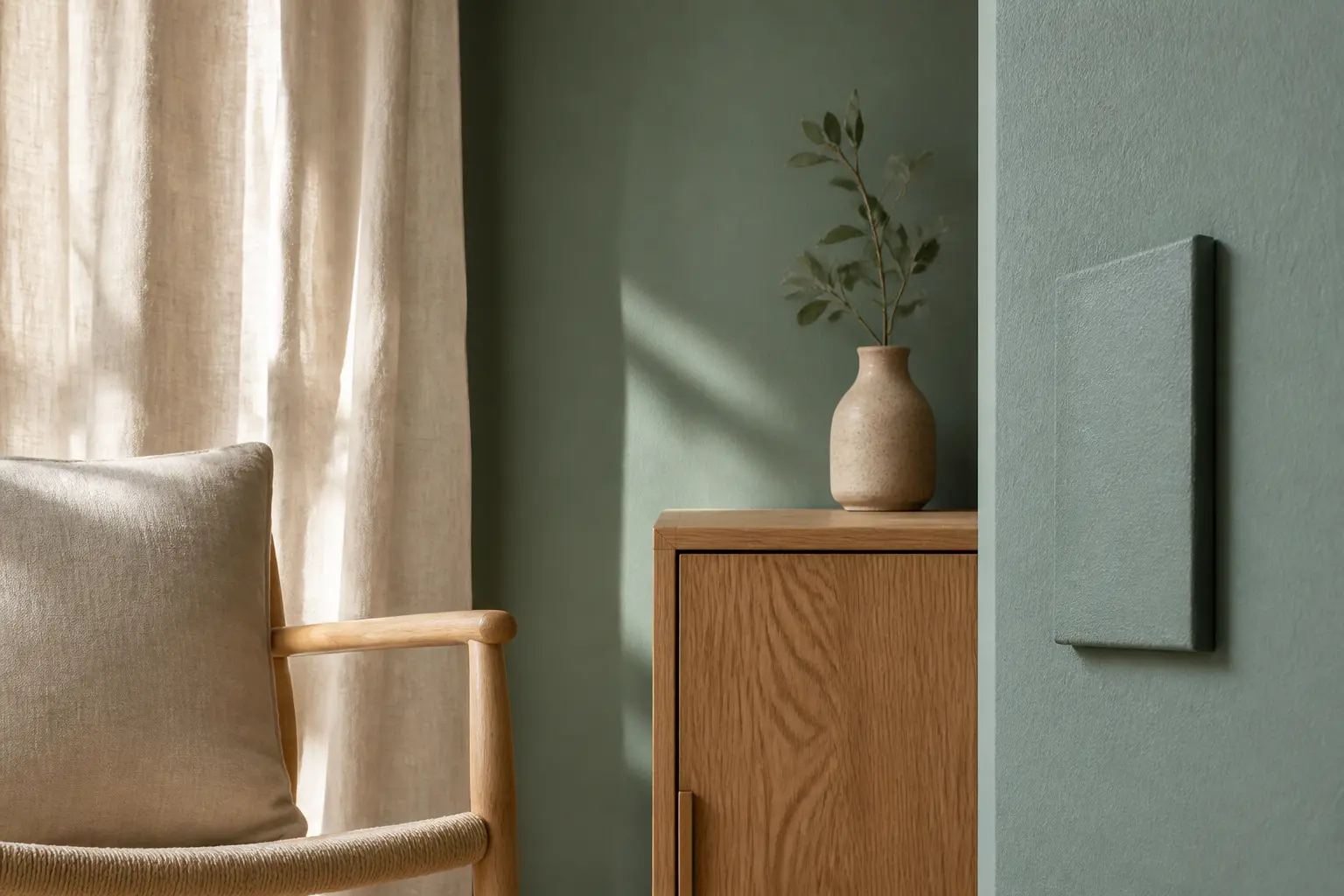Salon raffiné avec peinture vert de gris, rideaux lin écru, bois clair et échantillon de finition mate durable.