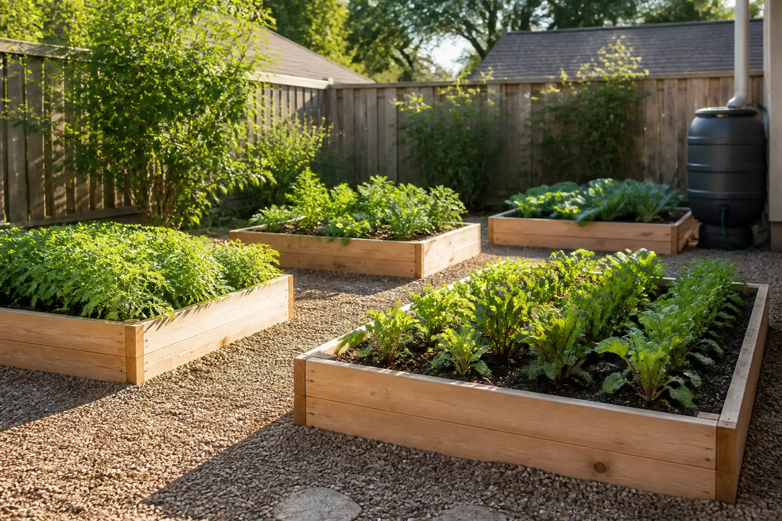 Plan potager debutant : petit potager ensoleillé avec bacs surélevés et point d’eau à proximité