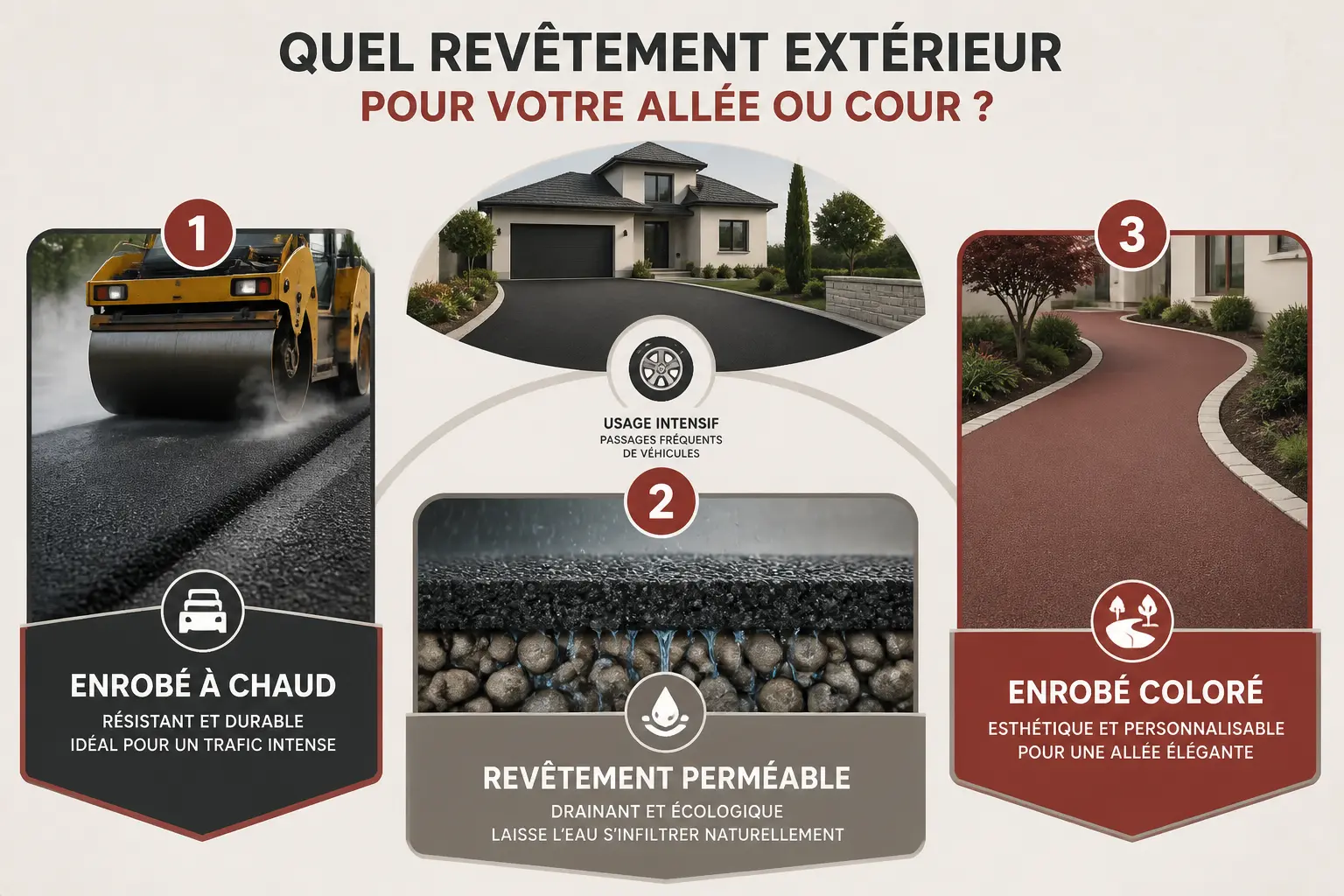 Guide visuel du prix m2 enrobé particulier : enrobé, drainant ou décoratif pour une allée.