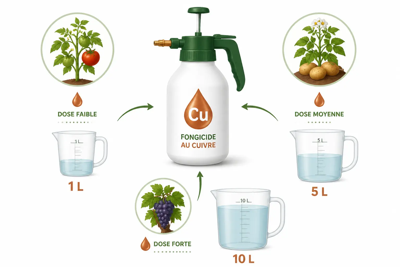 Tableau dosage bouillie bordelaise : tomates, pommes de terre et vigne avec volumes d’eau 1, 5 et 10 L