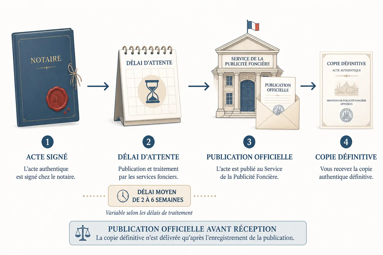 Chronologie du titre de propriété maison : notaire, attente, publication et copie finale officielle
