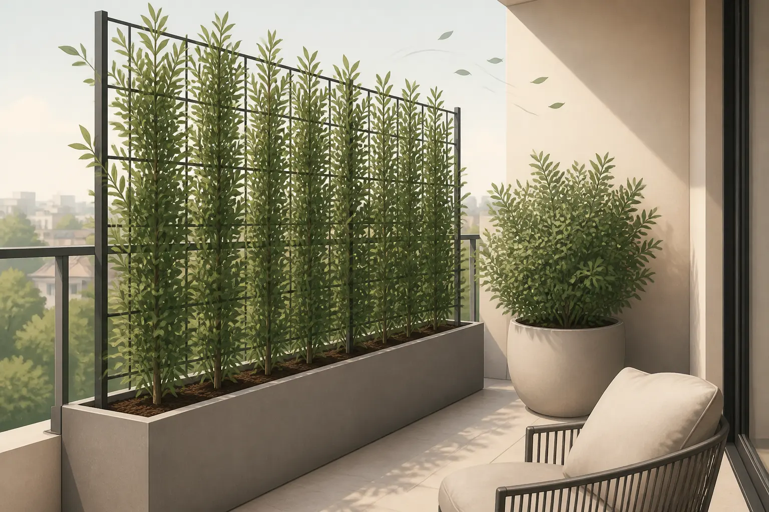 Brise vue plante sur petit balcon urbain : arbuste compact sur treillis et dense potée pour préserver l’intimité.