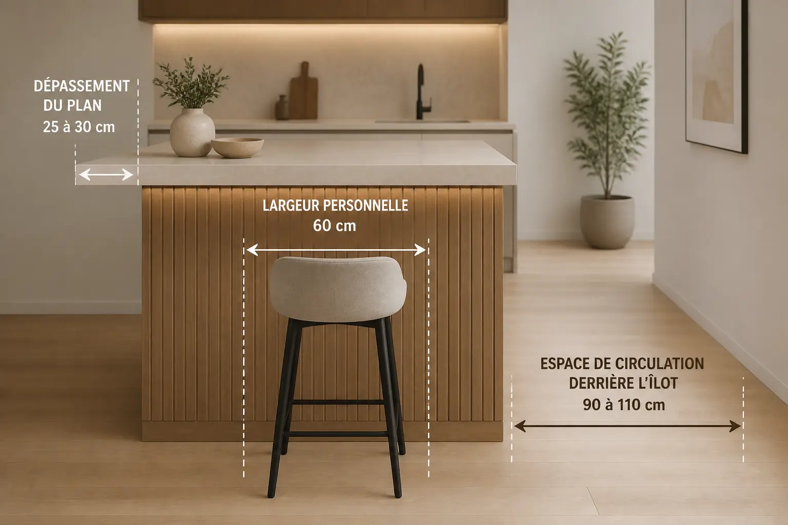 Hauteur bar : schéma minimaliste d’un comptoir avec tabouret, 60 cm d’espace et dégagement arrière.