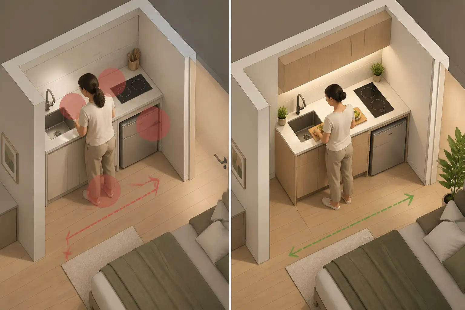 Mini cuisine de studio : comparaison entre configuration encombrée et agencement pratique avec plan de travail