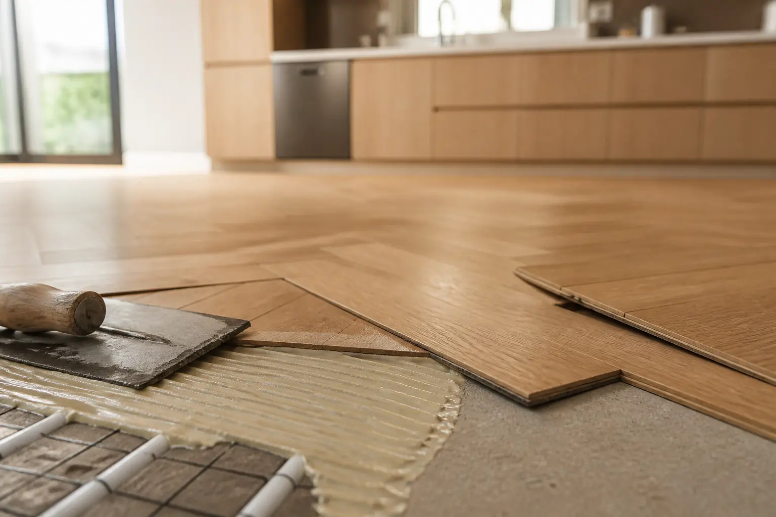 Parquet dans une cuisine : pose collée avec colle, lame soulevée et chauffage au sol visible