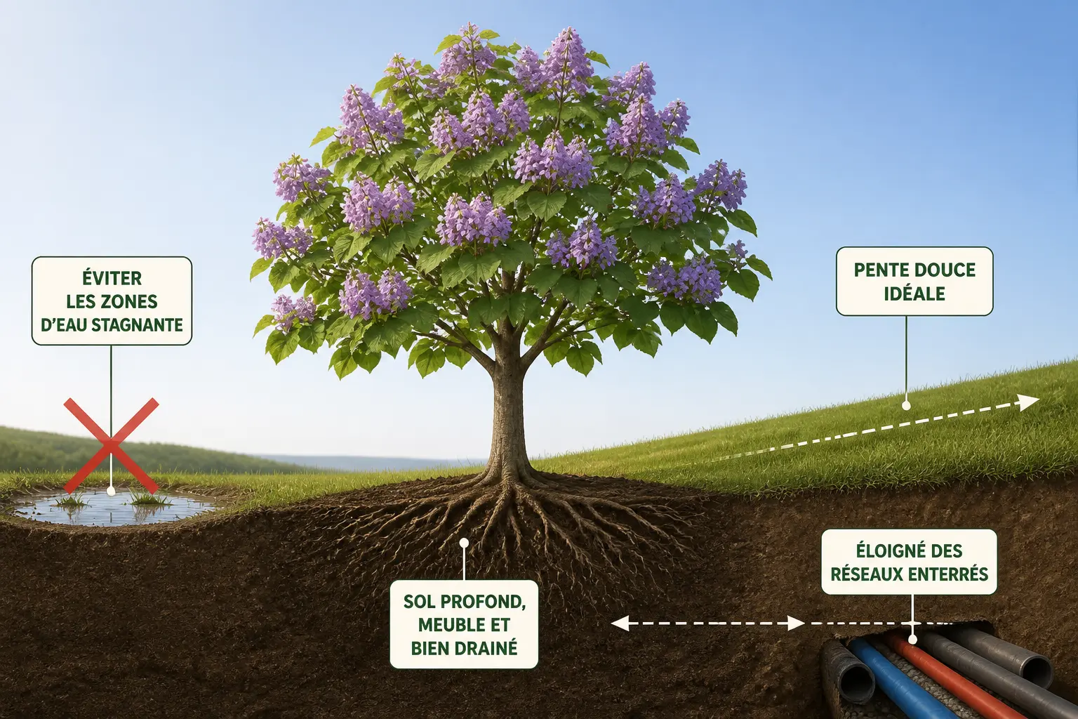 Paulownia distance maison : arbre planté loin des fondations, sur sol drainé et pente douce, hors réseaux.