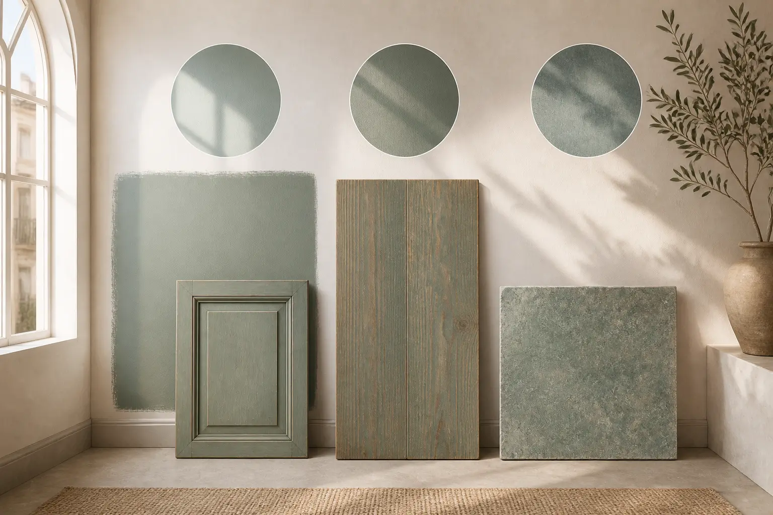 Guide visuel pour choisir une peinture vert de gris selon mur, bois et surface à fort passage.