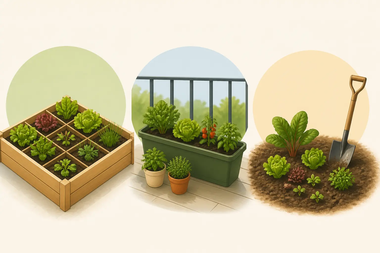 Plan potager debutant : carré potager, bac de balcon et petite parcelle en pleine terre