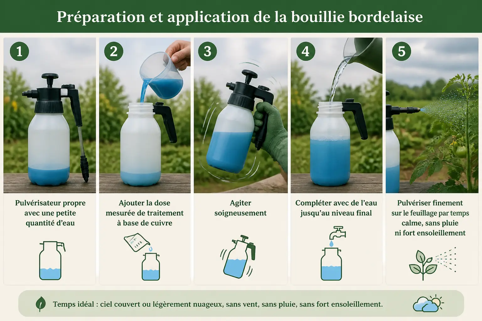 Tableau dosage bouillie bordelaise : mélange, remplissage et pulvérisation sur tomates par temps couvert.