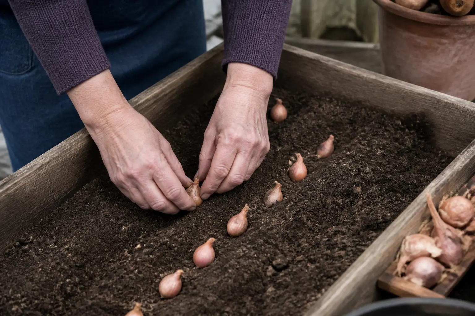 Mains plantant des bulbes d’échalotes dans un carré potager, illustrant comment planter les échalotes au jardin