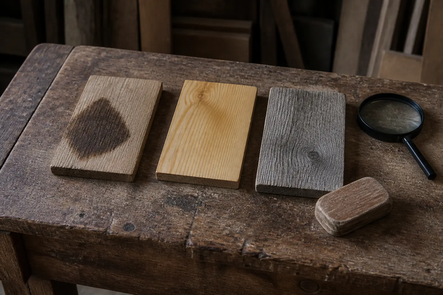 Avant de blanchir bois, trois échantillons de bois sur établi: chêne taché, pin jauni, bois grisé, loupe à côté