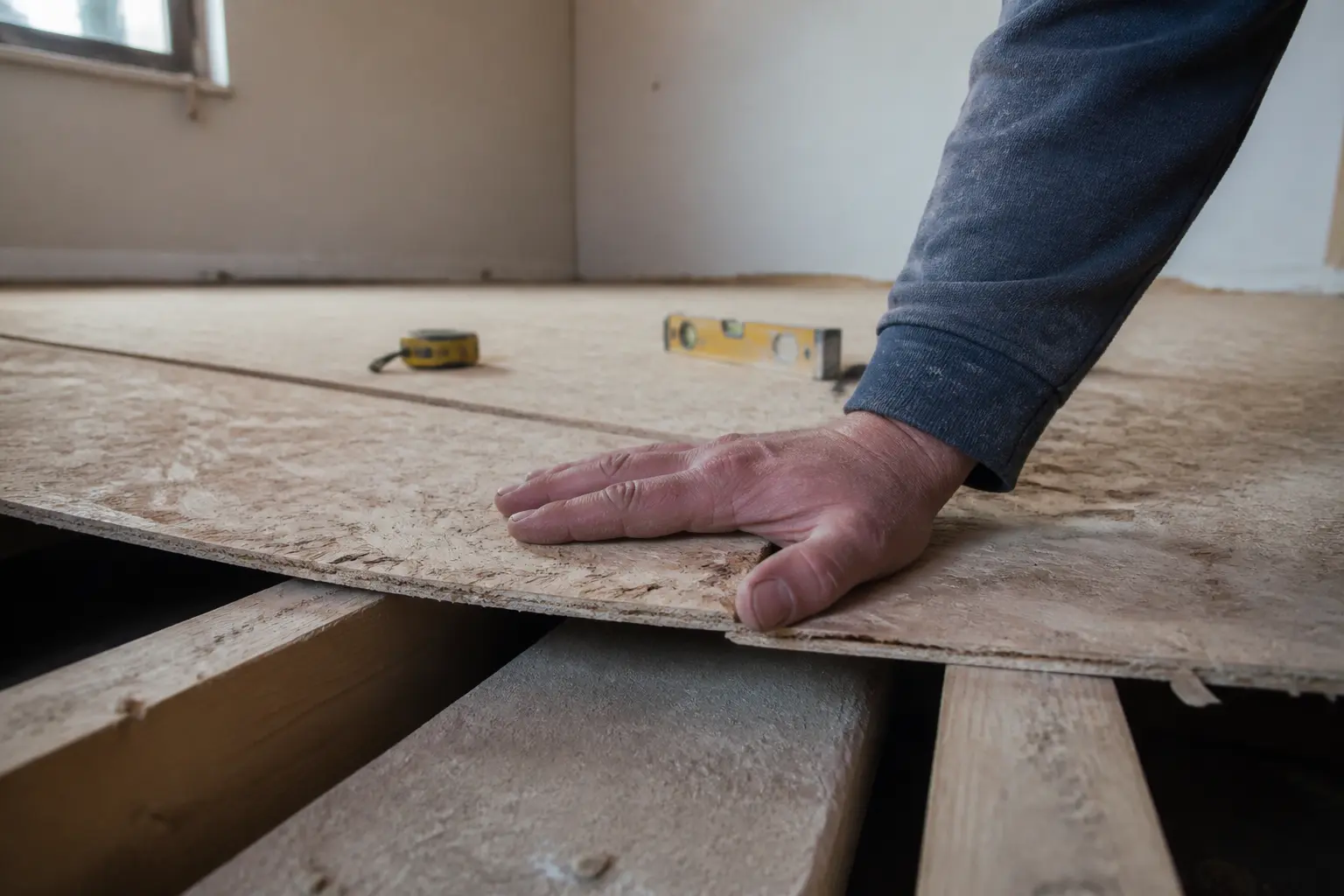 Contrôle d’un carrelage sur osb : main testant la rigidité d’un panneau OSB avant pose, niveau et mètre au sol.