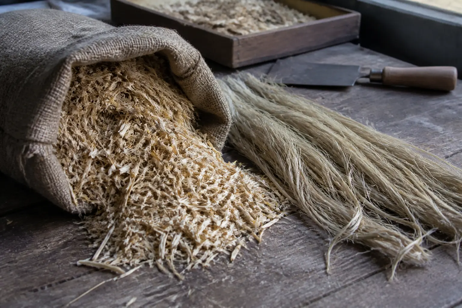 Chenevotte en gros plan : sac de jute ouvert, fibres de chanvre et copeaux séparés sur table d’atelier, lumière naturelle