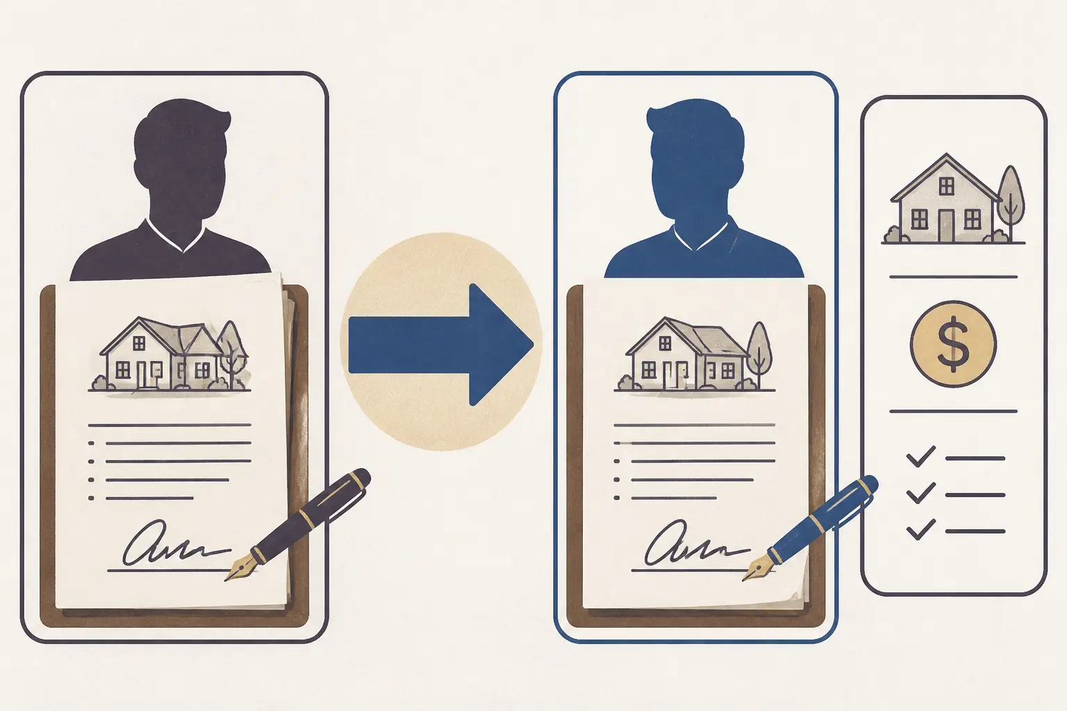 Infographie sur la clause de substitution : contrat signé, flèche centrale, nouvel acheteur reprenant le dossier sans changer prix ni bien