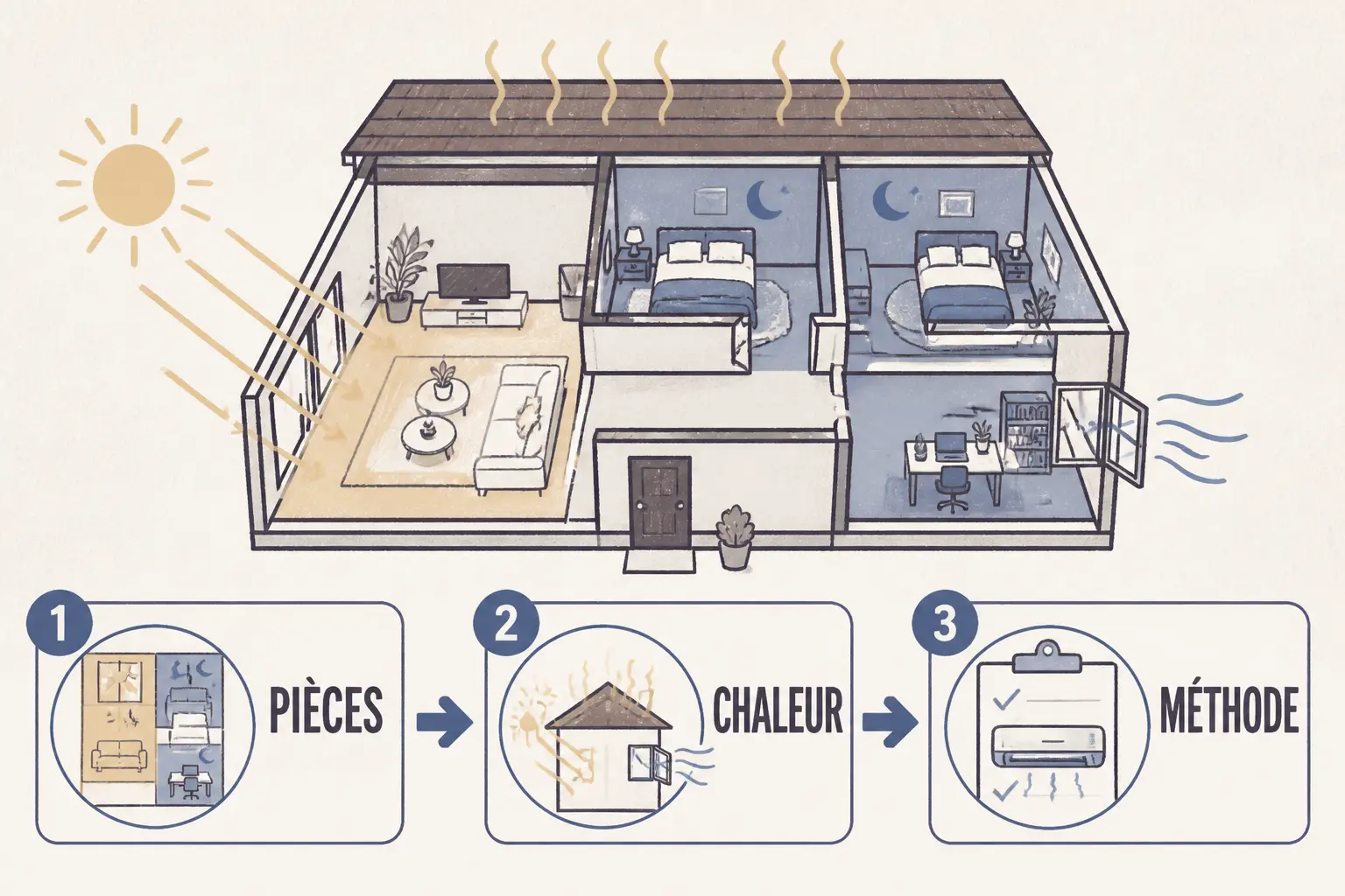Infographie d’un plan de maison avec 3 zones à diagnostiquer pour climatiser une maison : pièces, chaleur, méthode.