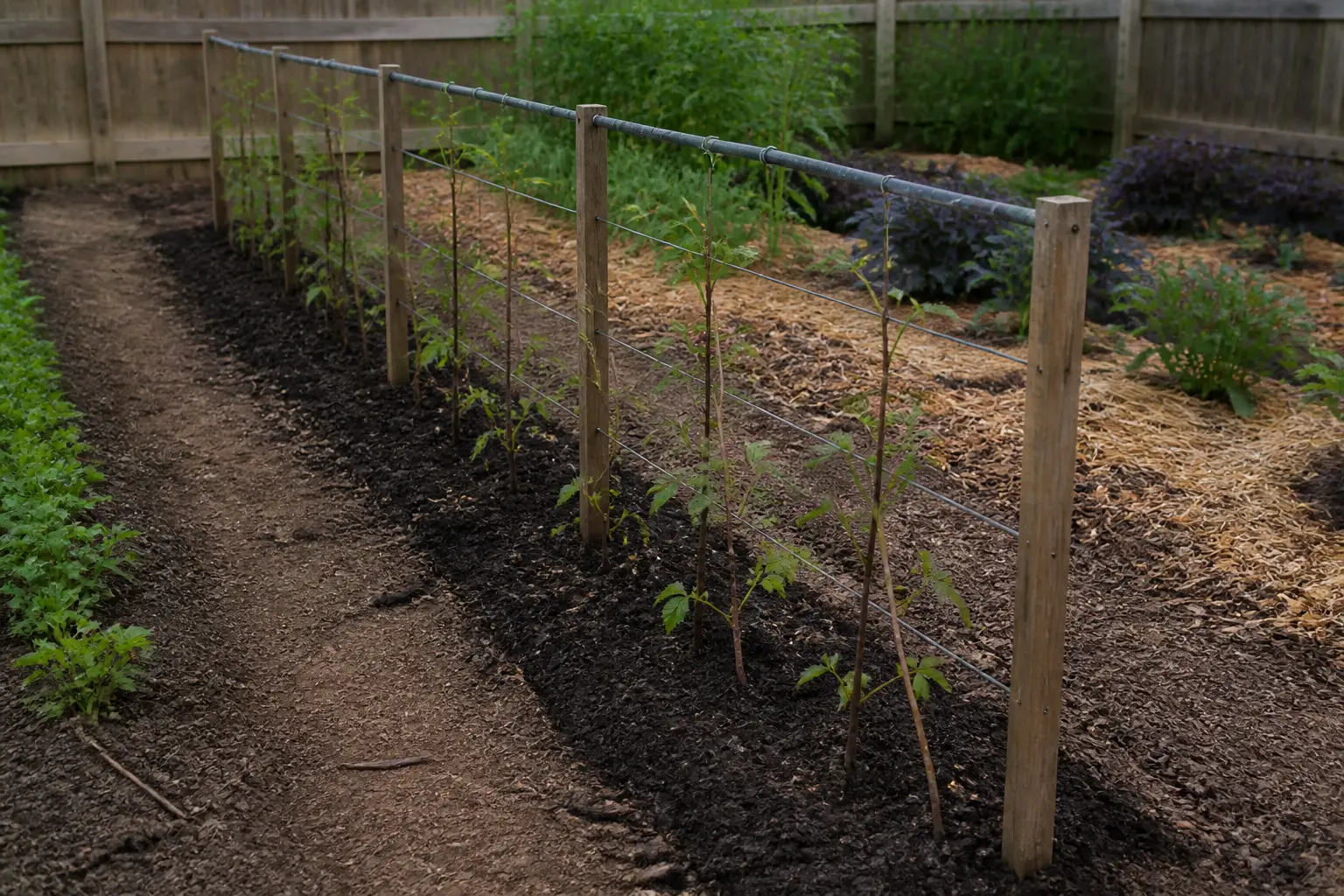 Jeune rang de framboisiers bien planté, utile pour entretenir les framboisiers et limiter les problèmes ensuite