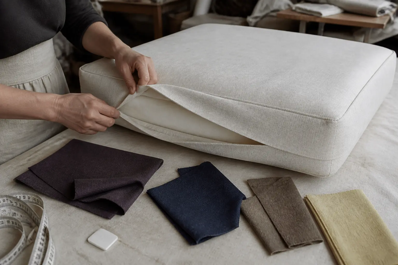 Faire une housse de coussin épais déhoussable : coussin mesuré, ouverture testée, tissus et outils de coupe sur l’atelier.