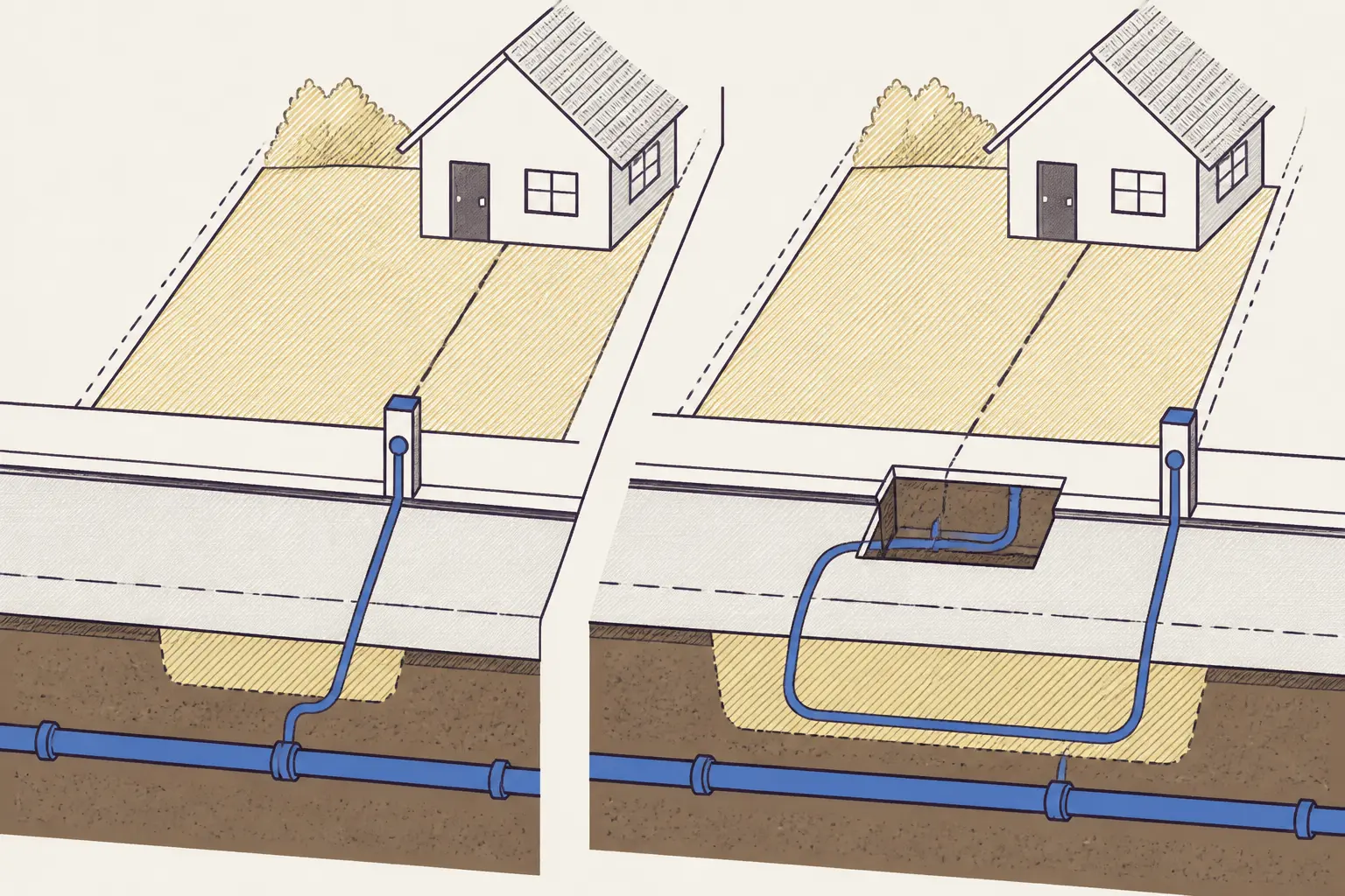 Gaz raccordement : schéma d’un terrain desservi par une conduite proche ou nécessitant des travaux de réseau.