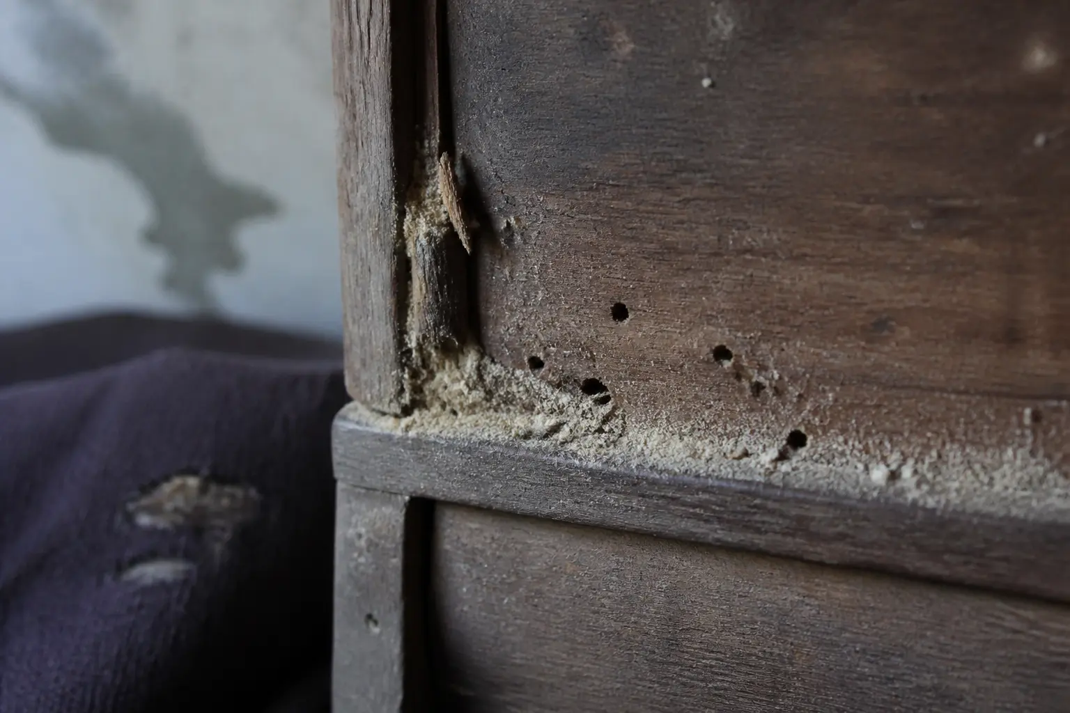 Mite de bois : gros plan d’un meuble en bois percé de petits trous, avec sciure fine et bord abîmé, fond flou montrant une confusion avec la mite textile.