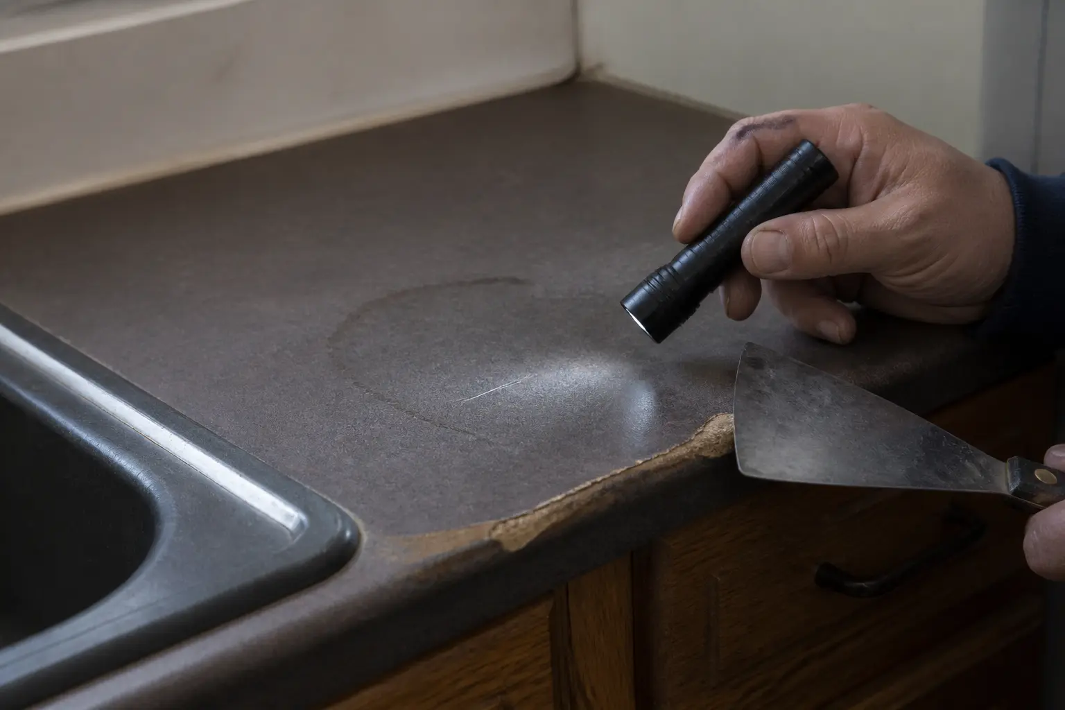 Plan de travail à peindre en cuisine, avec bord gonflé, tache d’eau et main inspectant la surface avant peinture