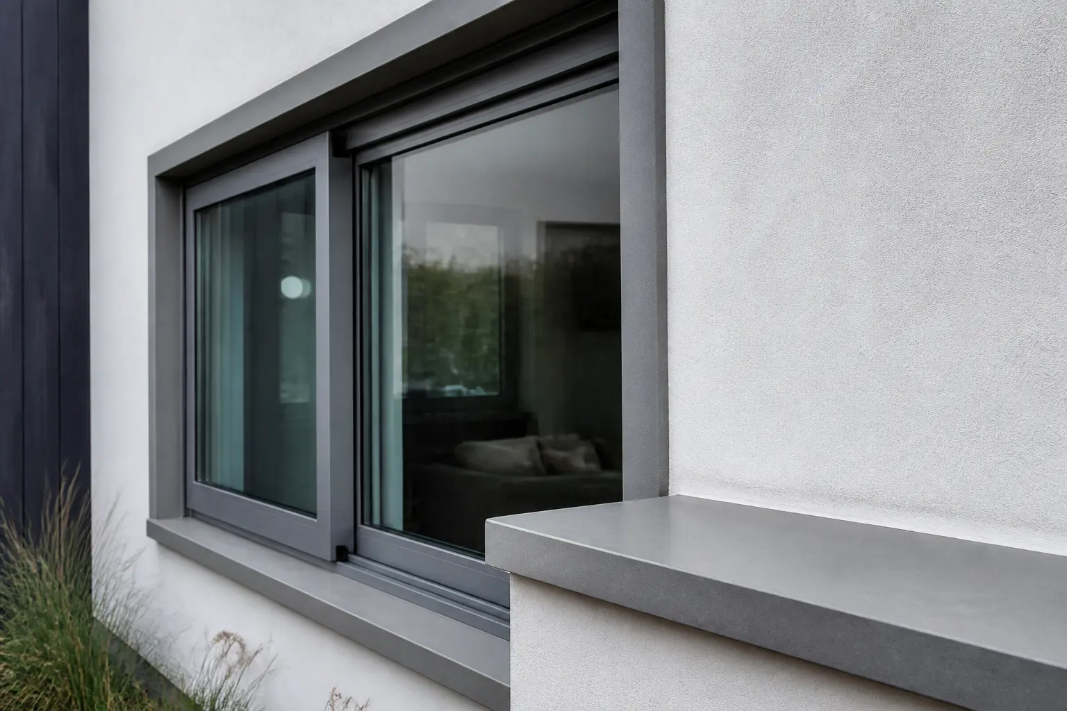 Façade moderne en ral 2900 sablé : baie vitrée alu et appui mural assorti, rendu gris métallisé sous lumière nordique