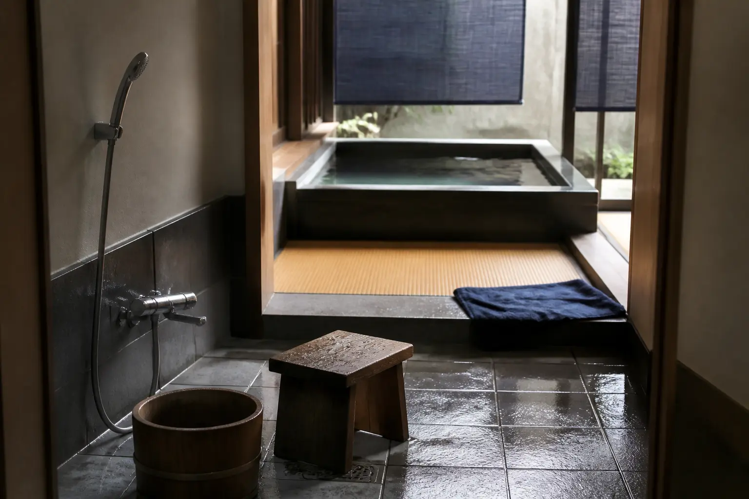 Salle de bain japonais : zone de lavage avec douche, tabouret et seau, baignoire profonde séparée au fond.