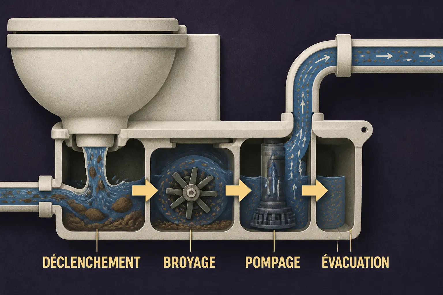 Sanibroyeur fonctionnement en 4 étapes : déclenchement, broyage, pompage puis évacuation dans un schéma technique compact.
